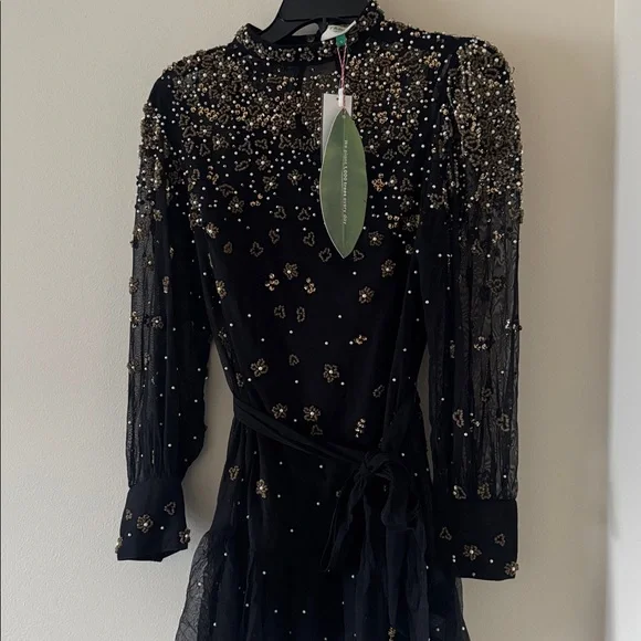 FARM RIO Black Embroidered Tulle Overlay Belted Long Sleeve Mini Dress,Small,398 - Picture 15 of 16